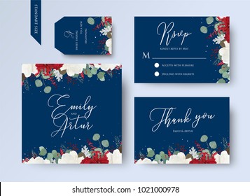 Wedding floral invite, thank you, rsvp card design set with red and white garden rose flowers, seeded eucalyptus branches, leaves, amaranthus frame on navy blue background. Vector trendy layout