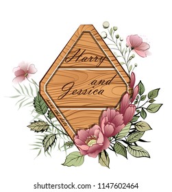 Wedding floral invite, wooden rhombus plate, invtation card design. Watercolor blush pink rose, white garden peony flowers, green leaves, greenery fern