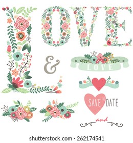 Elementos de diseño de amor floral de bodas