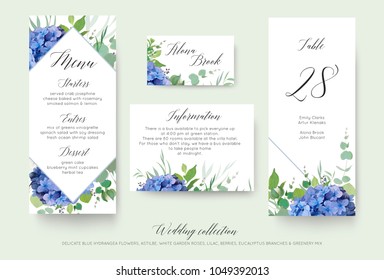 Wedding floral personal menu, place, information, table number card design set with elegant blue hydrangea flowers, white garden roses, green eucalyptus, lilac branches, greenery leaves & cute berries
