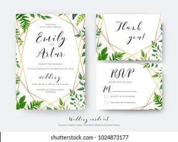 Wedding floral save the date, menu, place card & label template set. Vector modern, botanical card design with green forest fern leaves, greenery herbs border with luxury Geometrical golden decoration