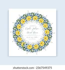 Wedding floral square invitation card design with vintage watercolor yellow and blue flowers wreath. vector template