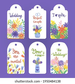 Wedding floral tag set, vector illustration. Template vintage greeting design with flower, retro paper label card for holiday. Spring frame decor