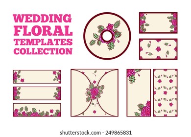 Wedding floral template collection - invitation card, three horizontal banners, two vertical banners, cd cover, two cards