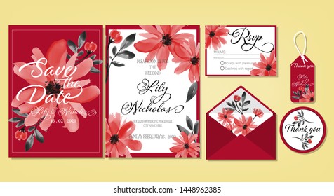 Wedding floral template collection of Wedding invite, rsvp, thank you label save the date card Design with Cute flower watercolor. Vector illustration.