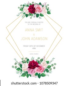 Wedding floral template collection.Wedding invitation, thank you card, save the date cards with red, pink and white roses. Vector illustration. EPS 10