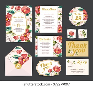 Wedding floral template collection.Wedding invitation, thank you card, save the date cards. Wedding set.