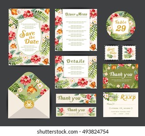 Wedding floral template collection.Wedding invitation, thank you card, save the date cards. Wedding set.