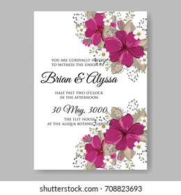 Wedding floral template for invitation card with elegant wreath of maroon flowers of anemone