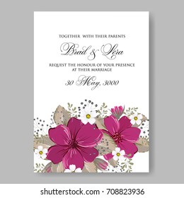 Wedding floral template for invitation card with elegant wreath of maroon flowers of anemone