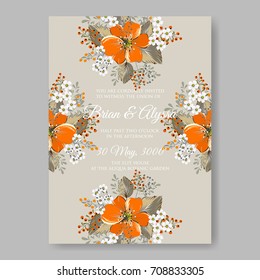 Wedding floral template for invitation card with elegant wreath of flowers of orange anemone