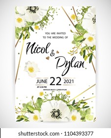 Wedding floral template invite, garden flower white poppy and rose, green leaves, gold decor. Trendy decorative layout. Vector illustration