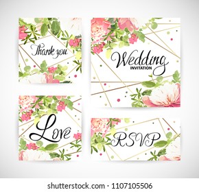 Wedding floral template invite, garden flower pink peonies, green leaves, gold decor. Trendy decorative layout. Vector illustration