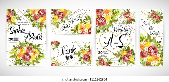 Wedding floral template invite, garden flower burgundy ranunculus and yellow, orange and white roses, green leaves, gold decor. Trendy decorative layout. Vector illustration