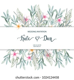 Wedding floral template. Vector background for card, invite. Eucalyptus branch and flower. Watercolor style