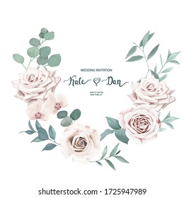 Wedding floral vector bouquet with  leaves, roses, orchids  and eucalyptus branches on white background. Winter design. Vector illustration