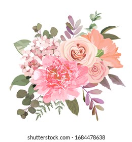 Wedding floral vector bouquet with peony, hydrangea, leaves, roses, feern and eucalyptus branches on white background. Winter design 