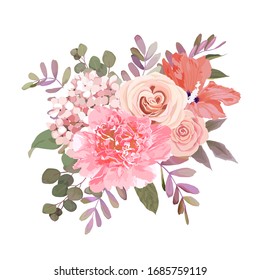 Wedding floral vector bouquet with peony, hydrangea, leaves, roses, feern and eucalyptus branches on white background. Winter design 