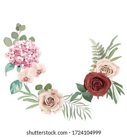 Wedding floral vector bouquet with peony, hydrangea, leaves, roses, orchids  and eucalyptus branches on white background. Winter design. Vector illustration