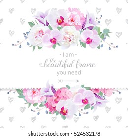 Wedding floral vector design horizontal card. Pink and white peony, purple orchid, hydrangea, violet campanula flowers frame. Delicate hand-drawn hearts backdrop. All elements are editable