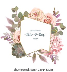 Wedding floral vector frame with cactus, hydrangea, leaves, roses and  eucalyptus branches  on white background. Winter design 