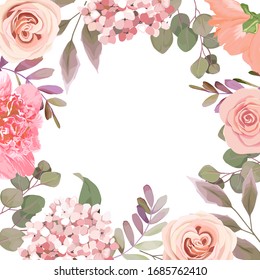 Wedding floral vector frame with peony, hydrangea, leaves, roses and eucalyptus branches on white background. Winter design 
