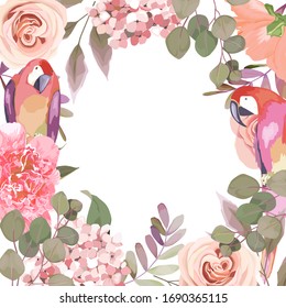Wedding floral vector frame with peony, hydrangea, leaves, roses, eucalyptus branches and parrots on white background. Winter design 
