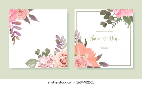Wedding floral vector set with peony, hydrangea, leaves, roses, feern and eucalyptus branches on white background. Winter design 