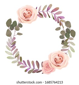 Wedding floral vector wreath with  leaves, roses and eucalyptus branches on white background. Winter design 