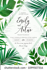 Wedding Floral Watercolor Invite, Invitation, Save The Date Card Design With Palm Tree Tropical Branches With Greenery Leaves & Green Forest Plants Transparent Decoration. Vector Cute Elegant Template