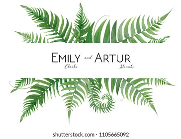 Wedding floral watercolor invite, invitation, save the date card design with tropical forest greenery leaves & green fern fronds decorative natural border, frame. Vector, modern art elegant template
