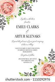 Wedding floral watercolor invite, invitation, save the date card design with pink garden rose, white anemones, magnolia flowers, green fern leaves & black berries frame. Vector elegant modern template