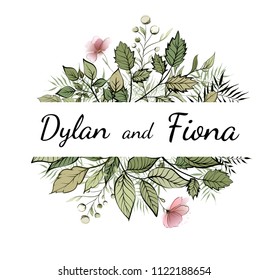Wedding floral watercolor invite, invitation, save design. Postcard with forest green leaves and green fronds decorative natural borders, frame. Vector, modern art elegant pattern