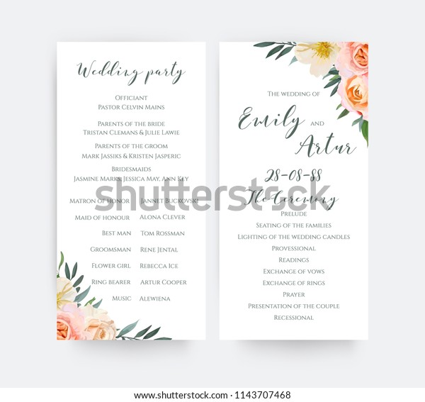 Wedding Floral Watercolor Party Ceremony Program Stock Vector