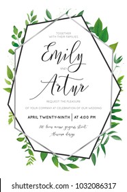 Wedding floral watercolor style botanical invite, invitation save the date card design with forest greenery herbs, vine leaves, ferns and luxury silver, gray geometrical frame. Elegant editable vector