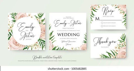 Wedding floral watercolor style double invite, rsvp, thank you card design with pink, creamy white garden rose, wax flowers, green tropical palm tree leaves greenery frame. Vector elegant template set