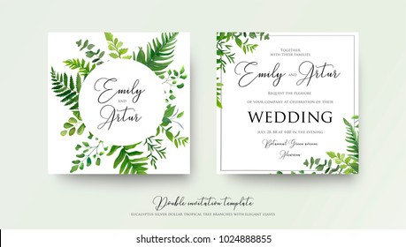 Wedding floral watercolor style double invite, invitation, save the date card design with forest greenery herbs, leaves, eucalyptus branches, fern fronds. Vector natural, botanical, elegant template 
