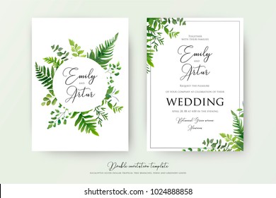 Wedding floral watercolor style double invite, invitation, save the date card design with forest greenery herbs, leaves, eucalyptus branches, fern fronds. Vector natural, botanical, elegant template  