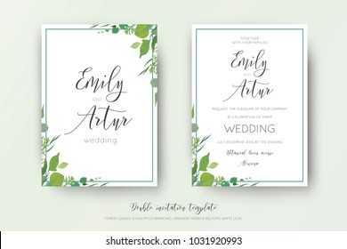 Wedding floral watercolor style double invite, save the date card design. Forest greenery herbs, leaves, eucalyptus branches, white tiny lilac flowers. Vector, organic, botanical, elegant art template