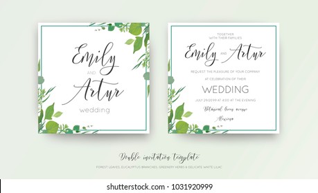Wedding floral watercolor style double invite, invitation, save the date card design with forest greenery, herbs, leaves, eucalyptus branches, white lilac flowers. Vector, botanical, elegant template Wedding floral watercolor style double invite, invitation, save the date card design with forest greenery, herbs, leaves, eucalyptus branches, white lilac flowers. Vector, botanical, elegant template