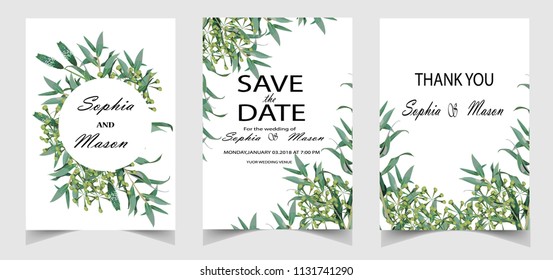 	
Wedding floral watercolor style double invite, invitation, save the date card design with forest greenery herbs, leaves