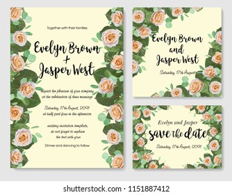 Wedding floral watercolor style invite, rsvp save the date thank you card Design with creamy garden rose, green eucalyptus leaves greenery decor. Vector elegant template set

