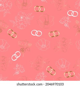 wedding floristic vector seamless pattern with flowers and rings. For wrapping paper, invitations and greetings