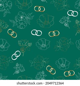 wedding floristic vector seamless pattern with flowers and rings. For wrapping paper, invitations and greetings