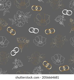 Hochzeitsblumenmuster, nahtloses Muster mit Blumen und Ringen. Zum Verpacken von Papier, Einladungen und Grüße
