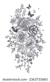 Wedding Flower Decoration. Floral Garland, bird of paradise, butterflies and dragonfly. Garden flowers peonies, roses, lilies, branches and leaves. Black and white vector illustration. Vintage.