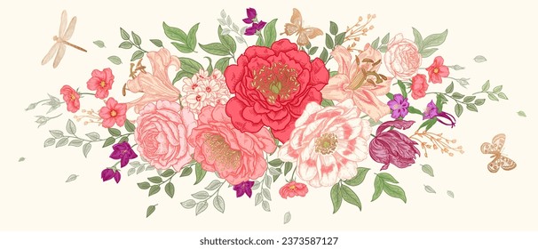 Wedding Flower Decoration. Floral Garland, butterflies and dragonfly. Beautiful Garden flowers peonies, roses, lilies, branches and leaves. Black and white vector illustration. Vintage.