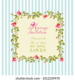 Wedding flower frame with flowers over blue tile background. Vector illustration.