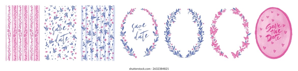 Wedding flower frame set, vector watercolor hand drawn nature texture, cute blossom wreath border. Pink spring cute invitation print, vintage floral holiday elegant graphic. Botanical wedding frame