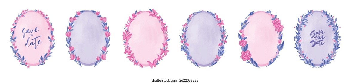 Wedding flower frame, vector floral watercolor celebration border set, blossom pink butterfly wreath. Botanical branch graphic decor, spring save the date invitation print. Anniversary wedding frame